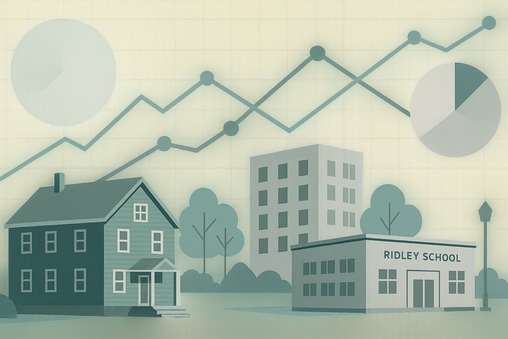 Brooklines-skip-the-stuff-policy-what-it-means-for-featured Stylized townscape with a Ridley School building, other buildings and trees, overlaid with a line graph and a pie chart representing educational data.