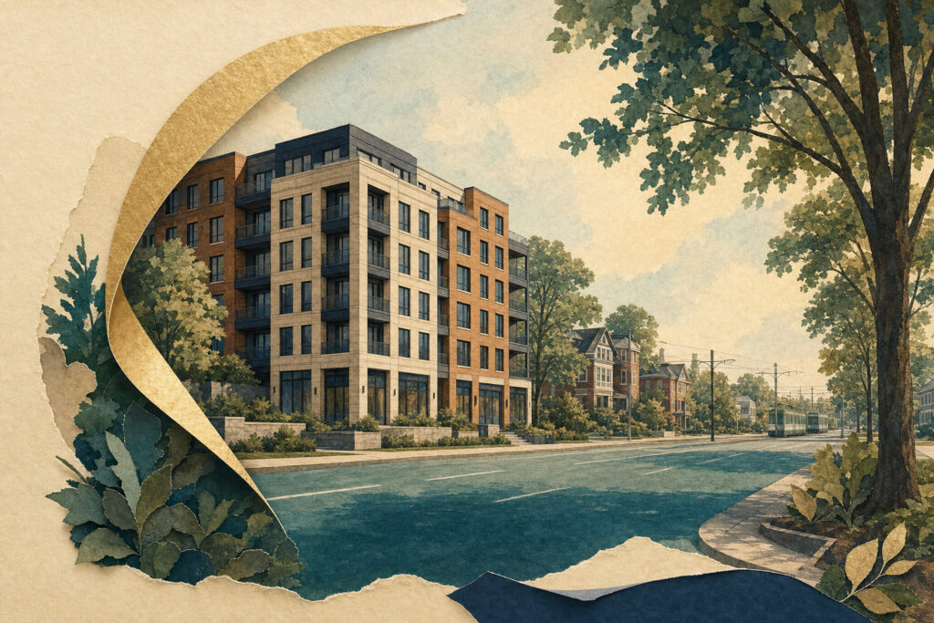 Editorial illustration of a generic new brick apartment building beside a leafy Chestnut Hill road corridor, with a soft-gold paper frame peeling open around it.