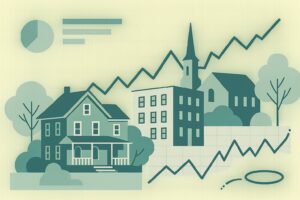 Chestnut-hill-age-restricted-rental-opens-to-all-r-featured Stylized town with houses and a rising line graph overlay, suggesting housing market growth. -/ 125 chars