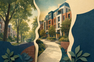Chestnut Hill Rental Opens to All Renters — Editorial Illustration Editorial illustration of a generic Chestnut Hill apartment building beside leafy Brookline streets, with a narrow entry opening into a wider path.