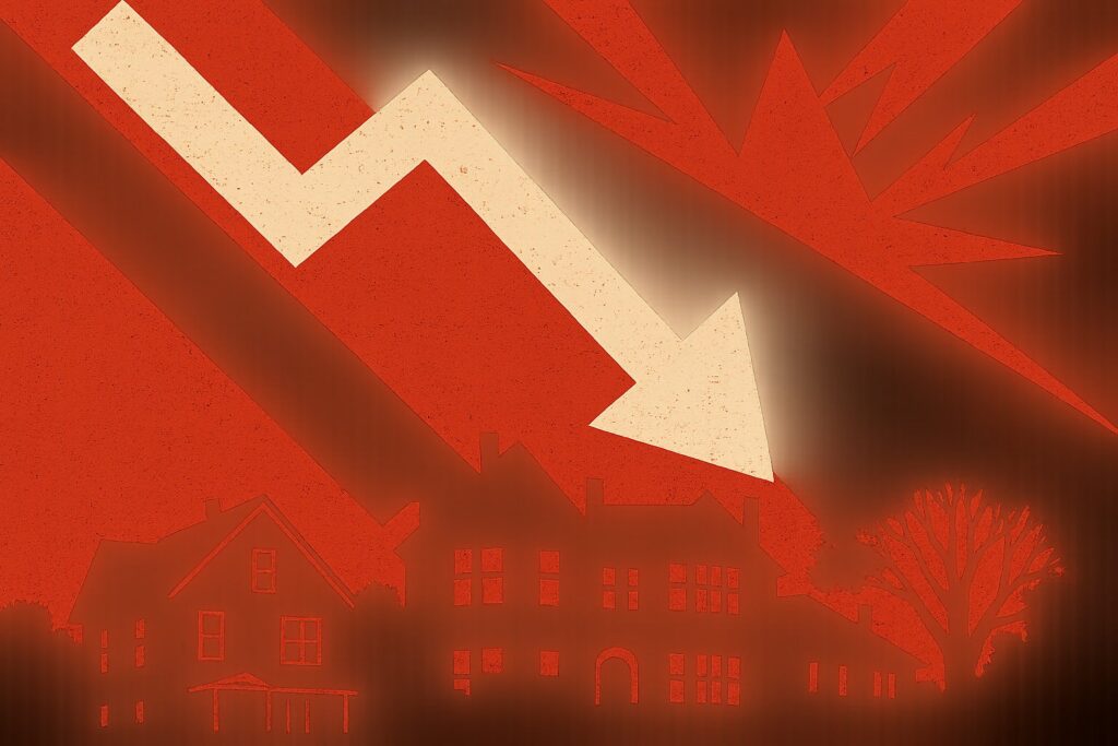 Massachusetts-mortgage-rates-and-what-brookline-bu-featured Red, abstract illustration depicting a neighborhood silhouette at dusk with large jagged shapes and a bright white zigzag suggesting disaster or danger.
