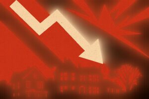 Massachusetts-mortgage-rates-and-what-brookline-bu-featured Red, abstract illustration depicting a neighborhood silhouette at dusk with large jagged shapes and a bright white zigzag suggesting disaster or danger.