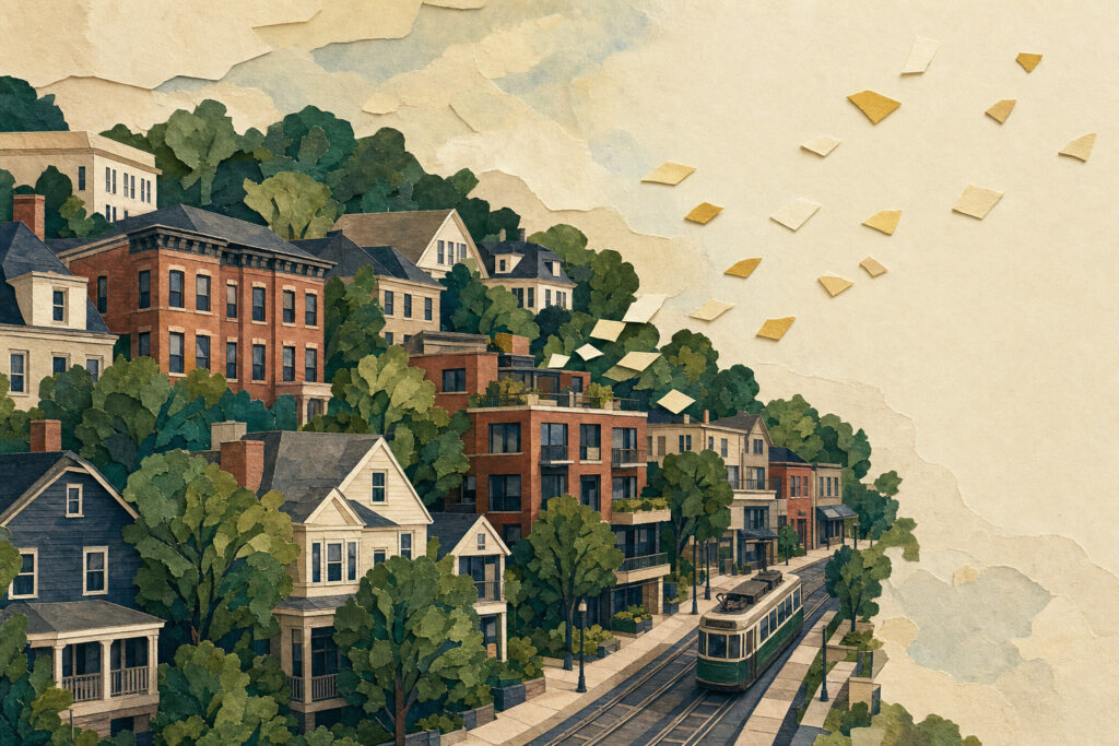 Editorial illustration of a leafy Brookline residential block with brick and wood-frame buildings near Green Line tracks, while small gold paper fragments drift away above the rooftops.