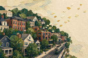 Massachusetts Outmigration and Brookline Real Estate Illustration Editorial illustration of a leafy Brookline residential block with brick and wood-frame buildings near Green Line tracks, while small gold paper fragments drift away above the rooftops.