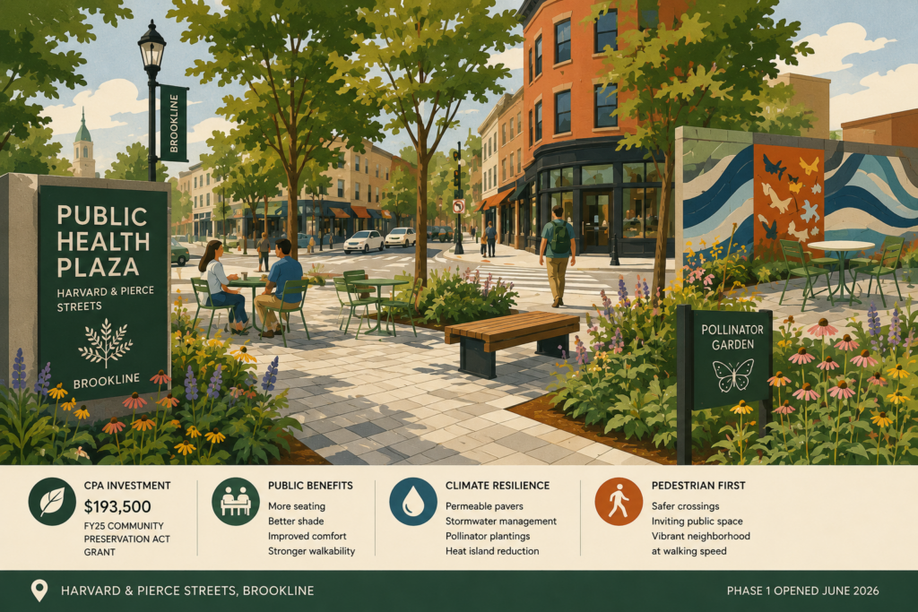 Brookline Public Health Plaza with shaded seating, permeable pavers, pollinator plantings, public art, and an improved pedestrian streetscape