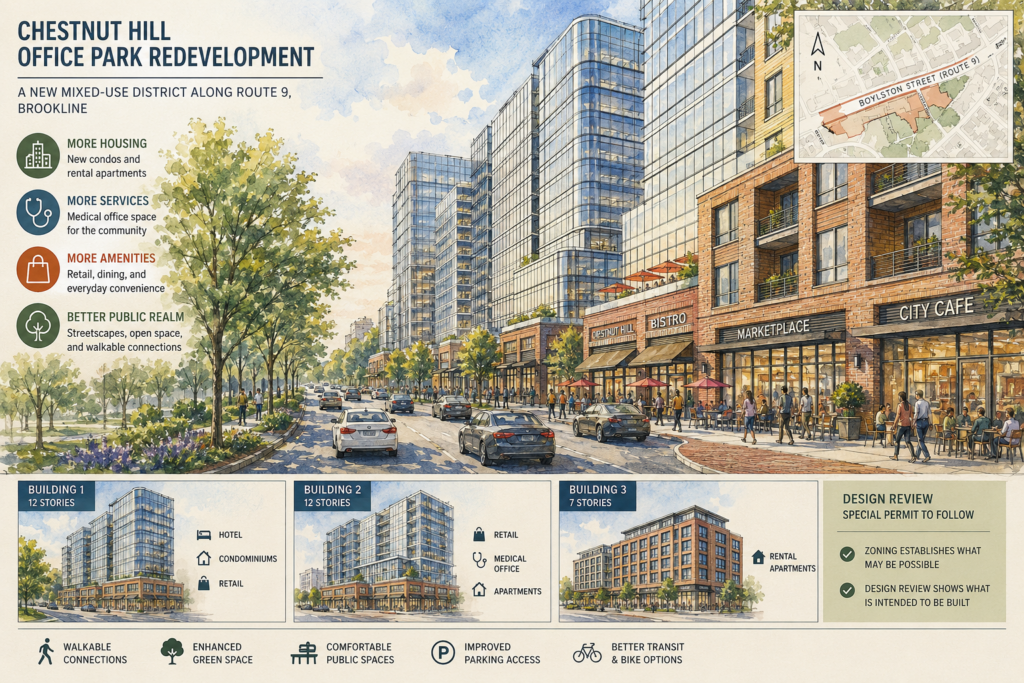 Illustration of Chestnut Hill Office Park Redevelopment: street‑level rendering with modern glass buildings, trees, shops, and an inset map in the top-right corner.