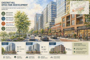 Chatgpt Image Aug 16, 2026, 12_33_46 Pm Illustration of Chestnut Hill Office Park Redevelopment: street‑level rendering with modern glass buildings, trees, shops, and an inset map in the top-right corner.