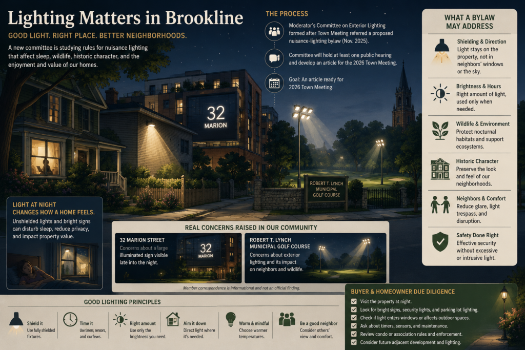 Nighttime infographic poster about Brookline lighting: process, bylaws, and neighborhood concerns.