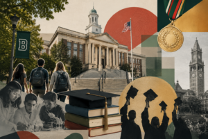 Students with backpacks walk toward a historic university building, foreground shows a graduation cap, stack of books and diploma imagery.
