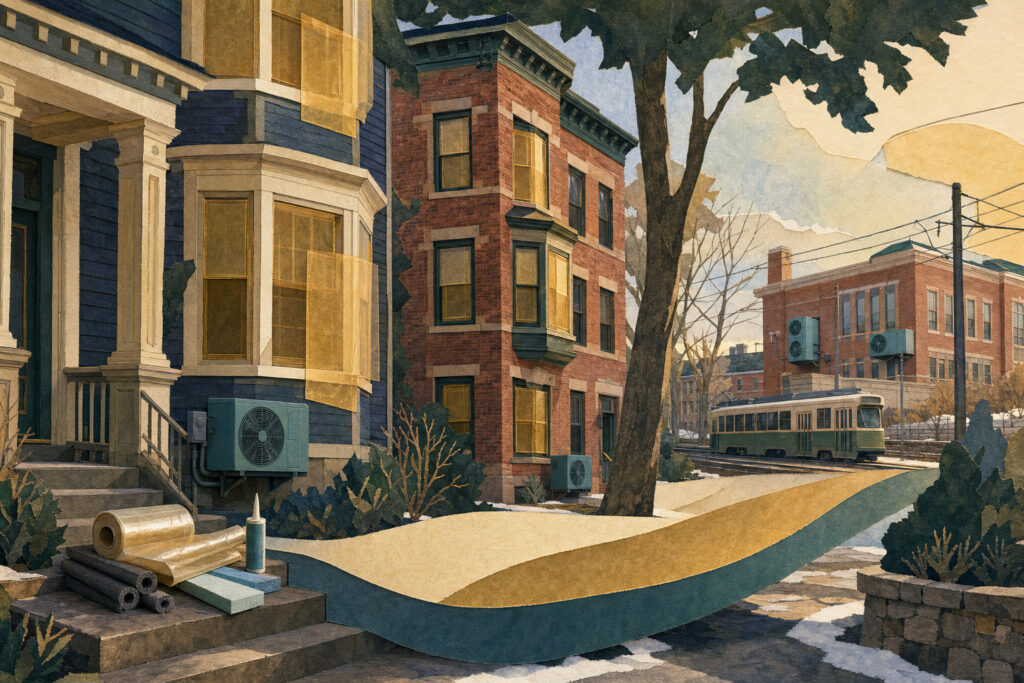 Illustrated urban street scene with blue and brick houses, construction materials on steps, and a green tram in the background (renovation/repair theme).