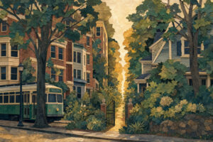 Green tram beside ivy-covered brick buildings on a leafy street, with a sunlit gate in the center between stone posts and a path beyond.