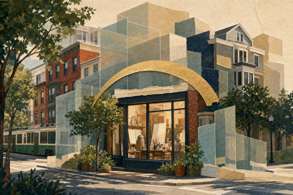 Artistic city storefront with large glass windows, framed by a gold arch and layered geometric shapes.