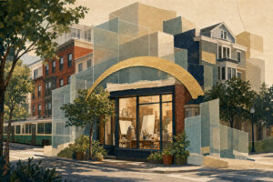 Artistic city storefront with large glass windows, framed by a gold arch and layered geometric shapes.