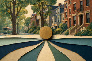 Stylized collage of a city street with trees and brick row houses; a large gold disk sits on layered paper-stripe ground converging toward the center.