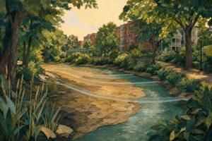 Illustrated urban park beside a winding river, with sandy banks, green trees, and brick apartment buildings in the background.