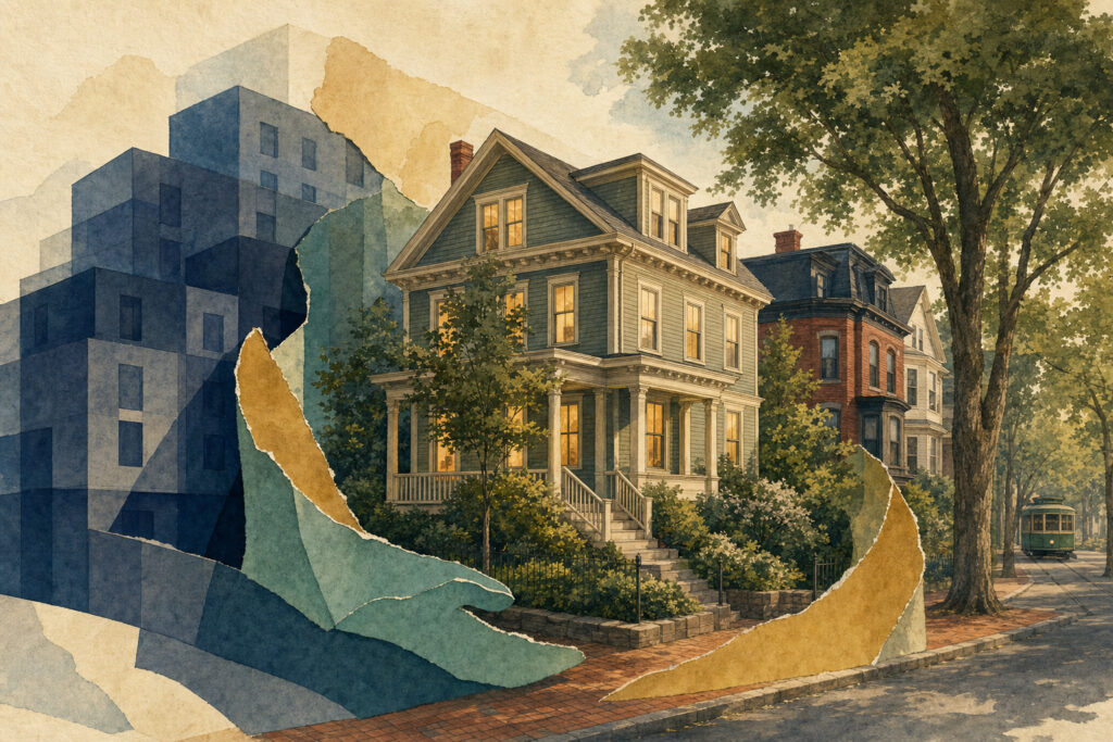16-williams-street-brookline-transitional-housing--featured Colorful collage of a green two-story house with a porch, lined by brick homes and trees along a suburban street, with torn-paper shapes in the foreground behind.