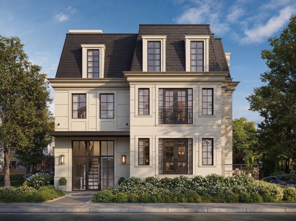 Three-story beige townhouse with a mansard roof, tall grid windows, and a landscaped front garden.