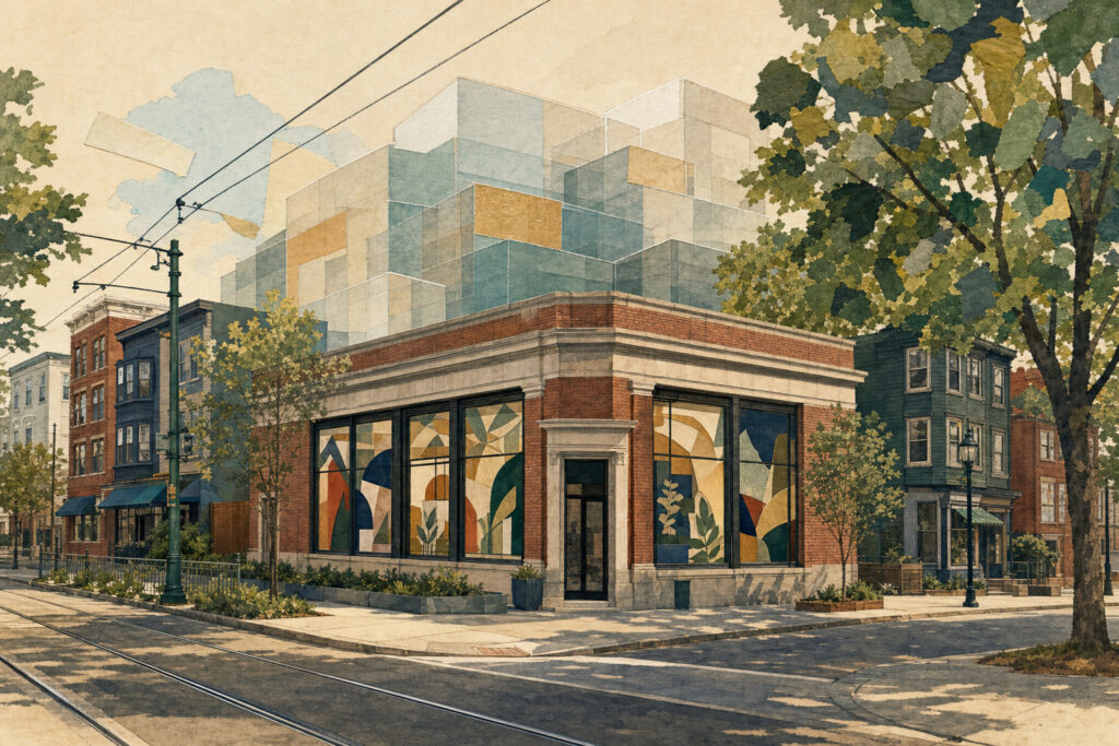 Urban street view featuring a brick storefront with large abstract-motif windows and a modern geometric glass building rising behind it.