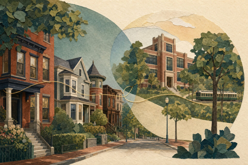 Brookline-educator-contract-negotiations-and-real--featured Collaged illustration of a tree-lined urban street with brick row houses and a distant green streetcar, overlaid by circular shapes.