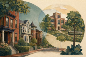 Brookline-educator-contract-negotiations-and-real--featured Collaged illustration of a tree-lined urban street with brick row houses and a distant green streetcar, overlaid by circular shapes.