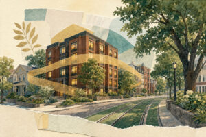 Illustrated residential street with a brick apartment building wrapped by a golden ribbon, trees, sidewalks, and curved rail tracks in the foreground.