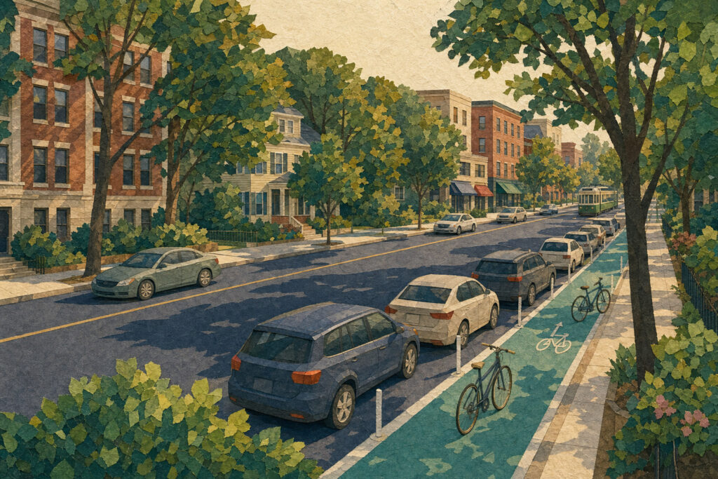 Urban street scene with parked cars along a tree-lined avenue and a dedicated bike lane in the foreground, distant tram car visible