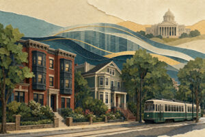 Pastel collage of a residential street with Victorian houses and a green streetcar on tracks, hills in the background.