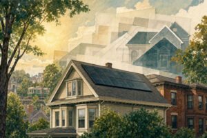Residential scene with a roof covered in solar panels, overlaid by translucent architectural sketches and a warm sun in the background.