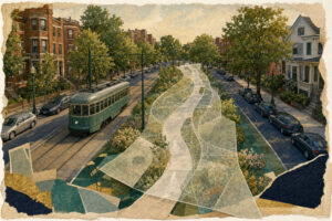 Green streetcar on a city street, with a translucent winding bike/pedestrian path overlay and trees along the sidewalks.