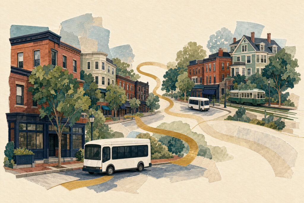 Watercolor-style town scene with brick storefronts, leafy trees, and white buses on winding streets.