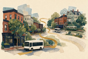 Watercolor-style town scene with brick storefronts, leafy trees, and white buses on winding streets.