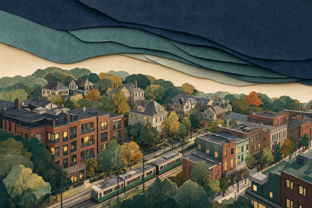 Stylized cityscape with a green tram running along tracks, surrounded by trees and mixed brick buildings in a layered paper-cut background.