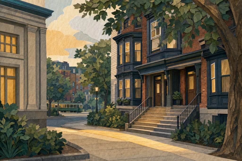 Sunlit urban street with brick townhouse and blue trim, stone steps, and lush greenery in the foreground; a bus and more buildings visible in the background at dusk.
