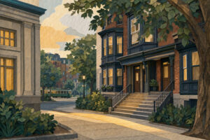 Sunlit urban street with brick townhouse and blue trim, stone steps, and lush greenery in the foreground; a bus and more buildings visible in the background at dusk.