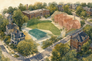 Aerial view of a suburban neighborhood with a central green park and translucent site‑planning shapes overlaid on buildings and streets.