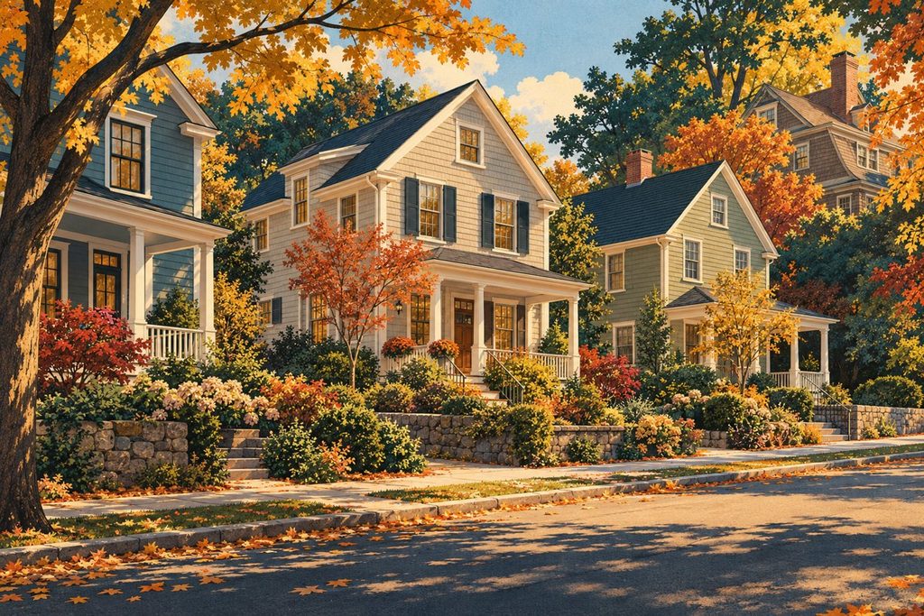 Illustrated New England homes on compact lots with autumn trees and small front gardens in a Brookline-style neighborhood.
