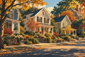 Illustrated New England homes on compact lots with autumn trees and small front gardens in a Brookline-style neighborhood.