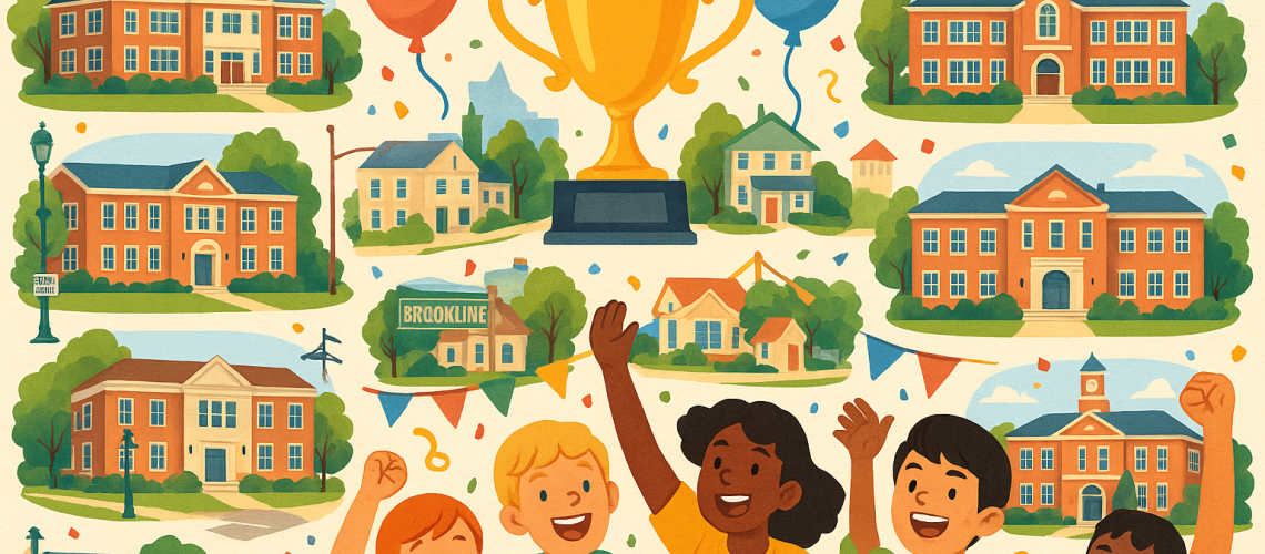 Celebratory collage featuring illustrated Brookline school buildings, a central golden trophy, festive confetti and balloons, and happy children cheering amid neighborhood elements.