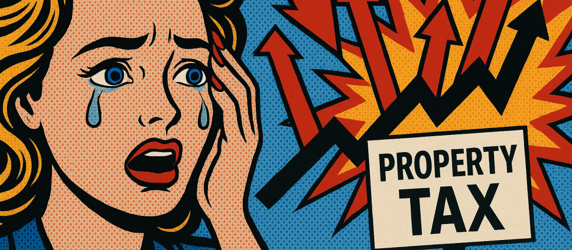 Pop-art scene with distressed woman, upward red arrows, and an abstract rising financial line beside a property-tax sign.