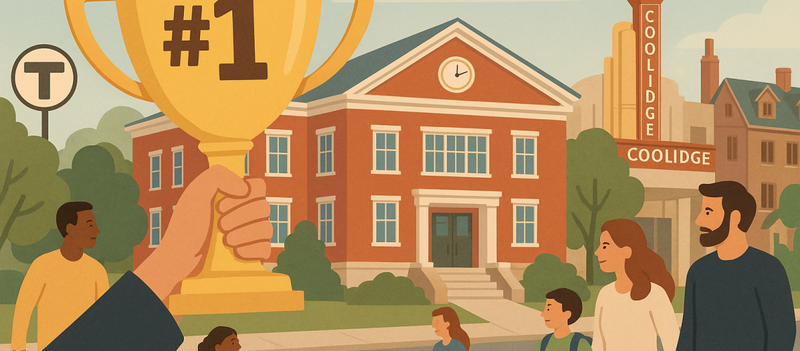 Illustrated Brookline scene with a person holding a golden #1 trophy in front of a red-brick school, the Coolidge Corner Theatre, and the “T” sign, surrounded by families walking along a sunny, tree-lined street.