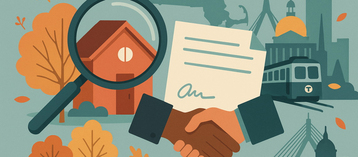 Illustration of a red house under a magnifying glass with a handshake over a signed document, surrounded by autumn trees and Boston landmarks including the State House dome, Zakim Bridge, and a T train, symbolizing Brookline real estate and home inspections.
