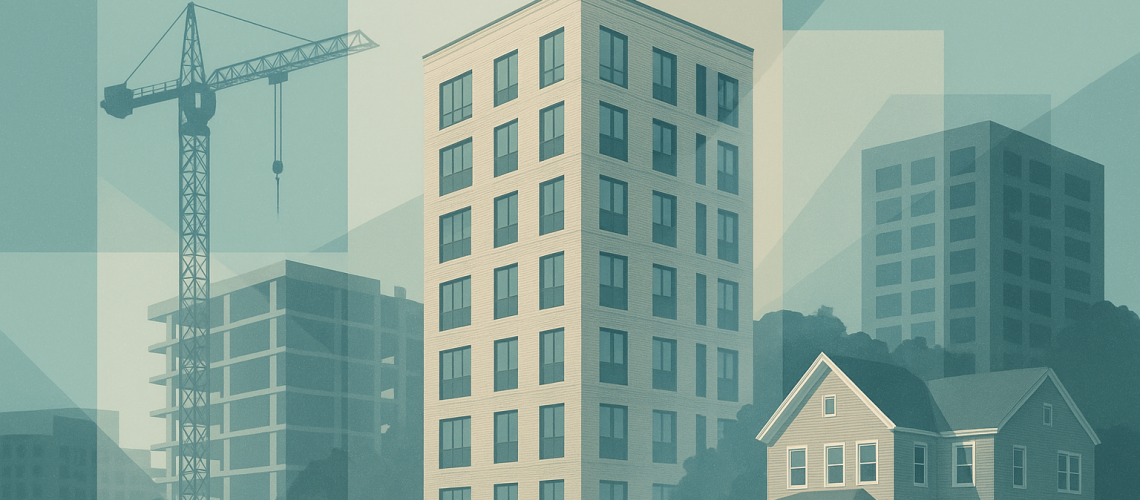 Clean collage-style illustration of Brookline housing development, showing a crane, mid-rise apartment buildings, and a traditional house in muted teal and beige tones.