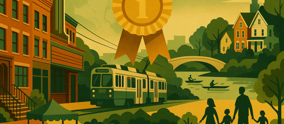 Collage illustration celebrating Brookline and Newton, MA—Green Line trolley, Coolidge Corner streetscape, leafy homes, Charles River with kayakers, farmers’ market, and a gold ribbon emblem—rendered in warm greens and golds, no text