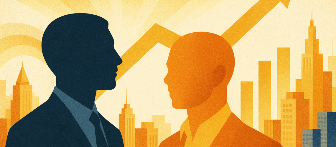 Stylized celebratory illustration of two silhouetted business leaders facing each other with a golden city skyline, upward growth arrow, and radiant background symbolizing Compass’s merger success.