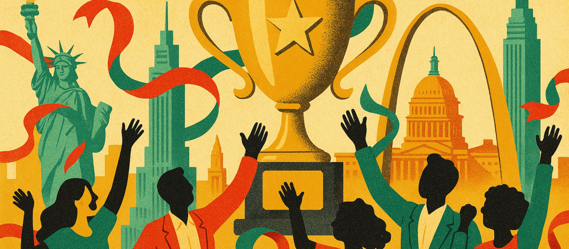 Retro-inspired celebratory illustration of a golden trophy surrounded by U.S. landmarks and cheering silhouettes with ribbons.