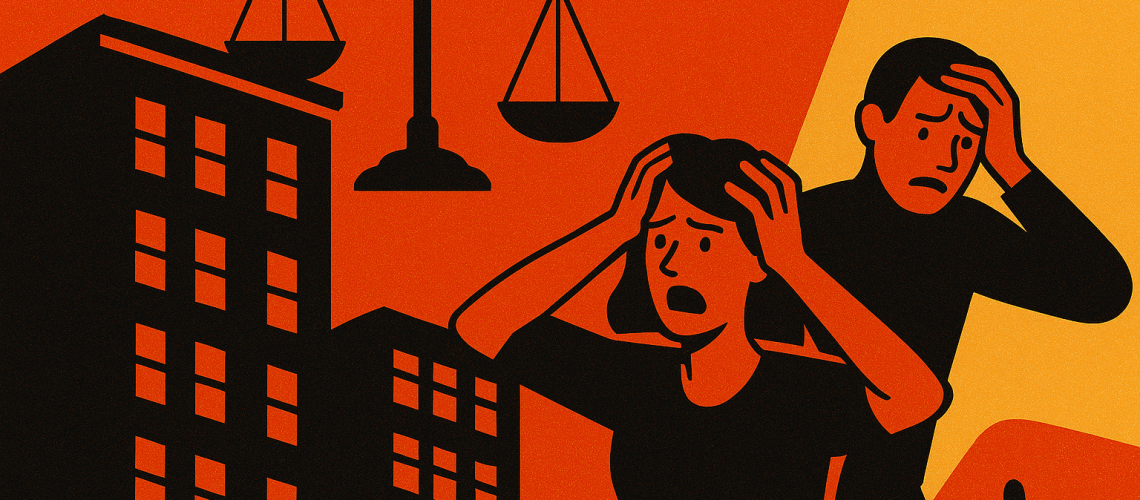 Dramatic duotone illustration with distressed figures holding their heads, black apartment buildings, and justice scales against a red and orange backdrop.