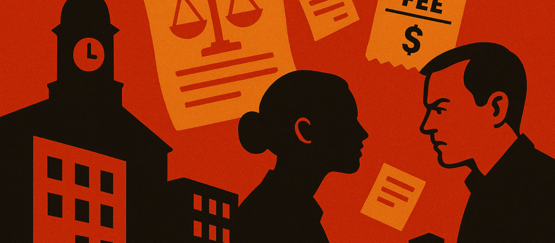 Urgent duotone illustration of Brookline town hall and apartment buildings, with a landlord and tenant facing off amid floating documents and a large junk fee receipt.