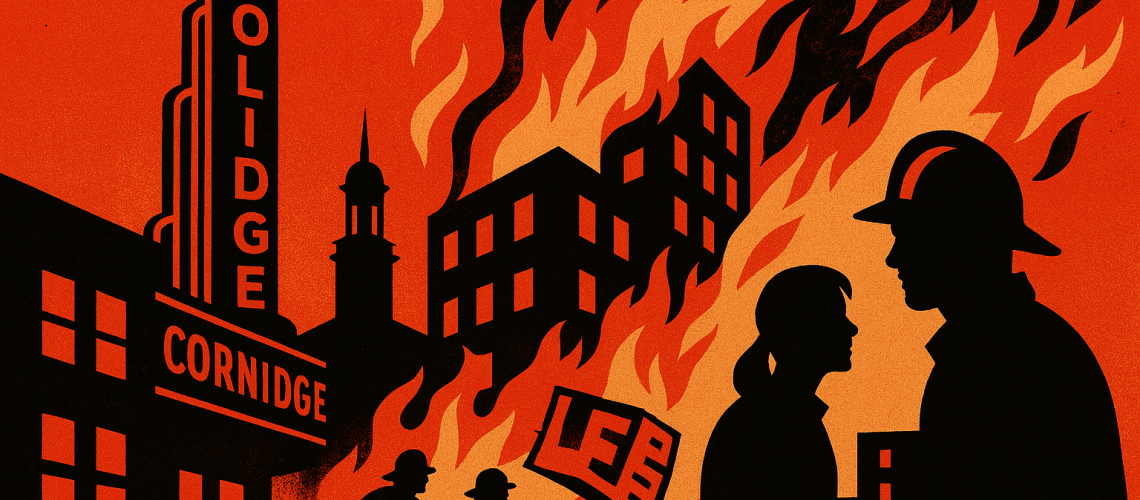 Urgent duotone illustration of Coolidge Corner Theatre and nearby apartments engulfed in flames, with silhouetted firefighters battling the blaze.