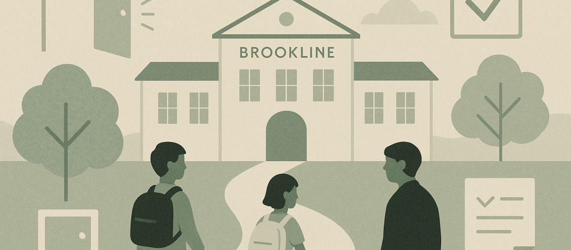 Minimalist illustration of Brookline school building with children carrying backpacks, surrounded by trees and abstract enrollment icons like open doors, check marks, and forms.