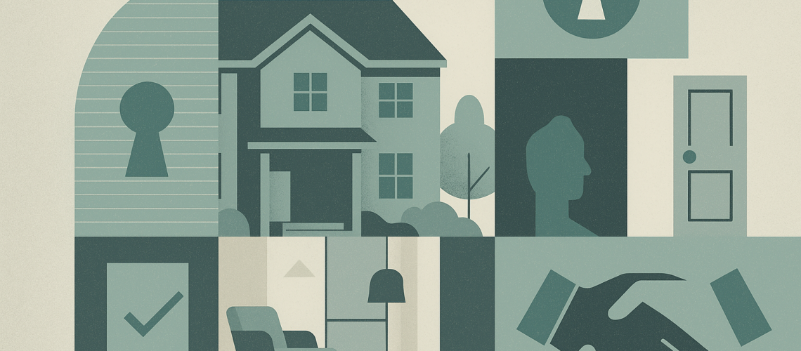 Minimalist collage in teal and gray tones showing a house, handshake, keyhole, door, and elegant interior, symbolizing privacy, exclusivity, and trust in real estate.